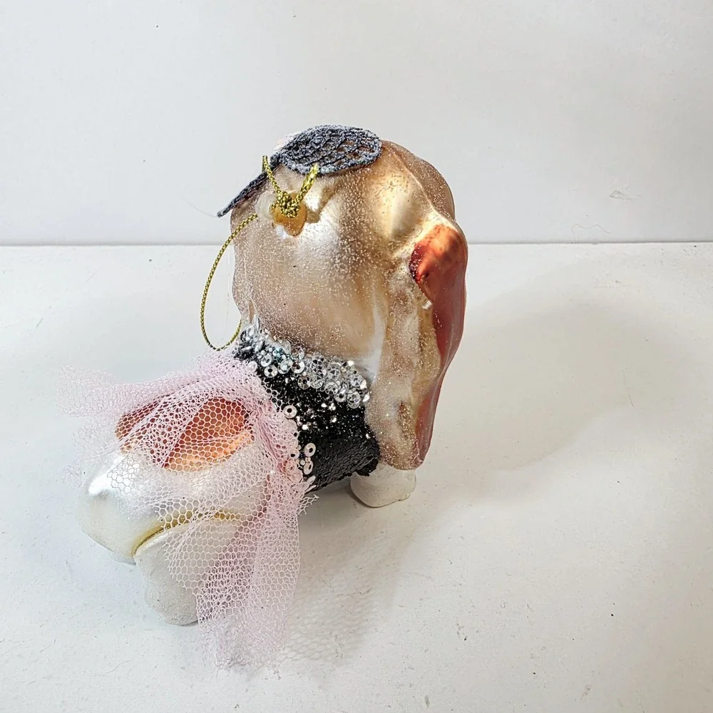 Blown Glass Hound Dog Dressed in Sequins Pink Skirt Glitter Christmas Ornament